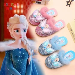 Disney Girls Furry Slippers Fall Winter Elsa Princess Slippers Baby Indoor and Outdoor Slippers Girls cartoon frozen shoes