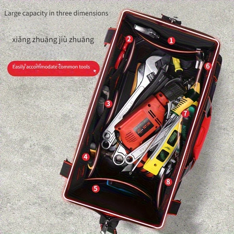 One-Piece Red 17-Inch 19inch 21inch Electrician's Tool Bag, Square Pocket Canvas Portable Oxford Cloth Repair Tool Box, Extra Thick Large Capacity Tool Bag, Suitable for Electricians, Home Renovation, Fishing, and Various Repair Work