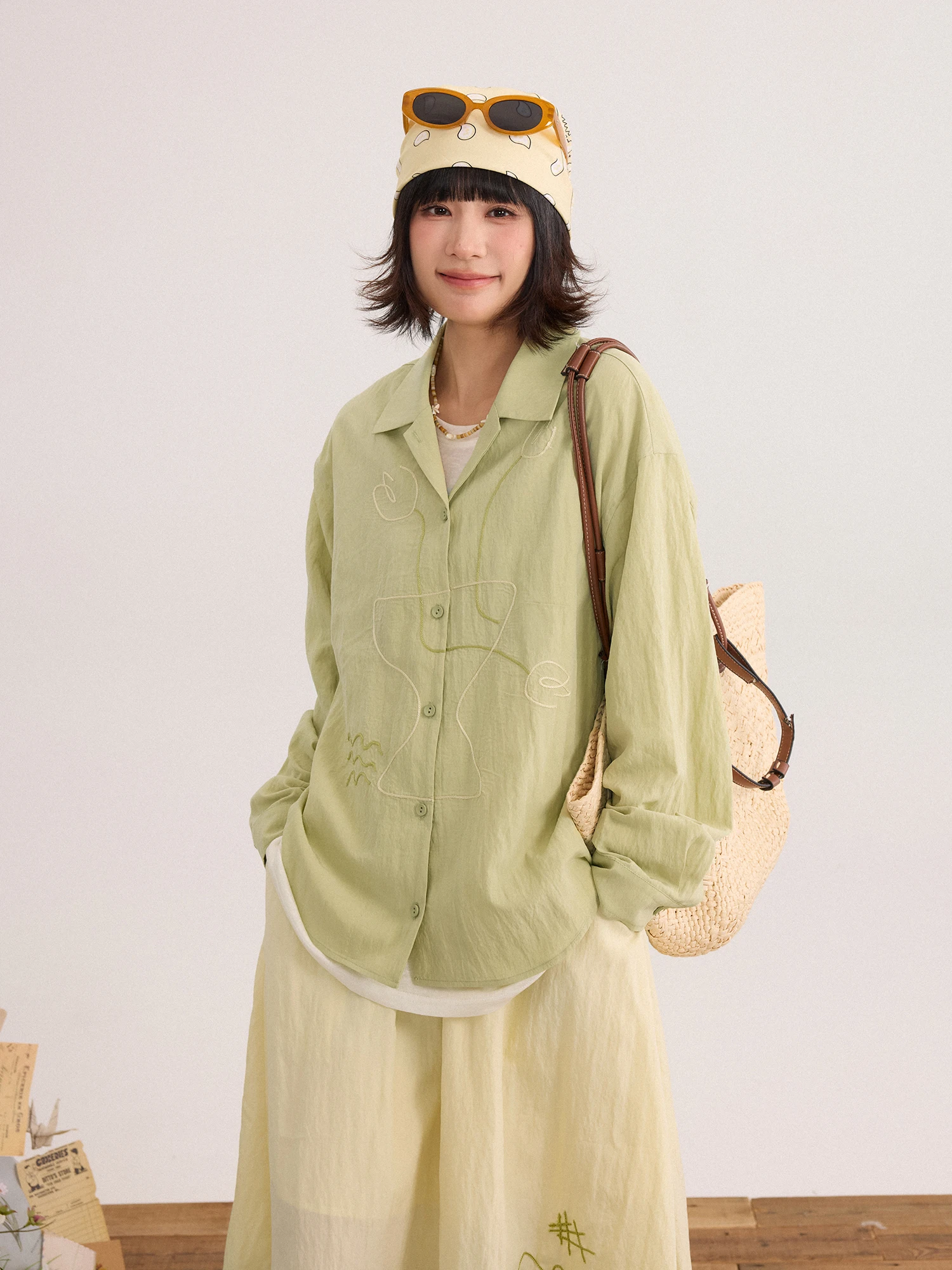 

Breathable Ruche Cuban Collar Abstract Line irt Women Spring Season Loose Fit Long Sve Casual irt Comfortable Fabric