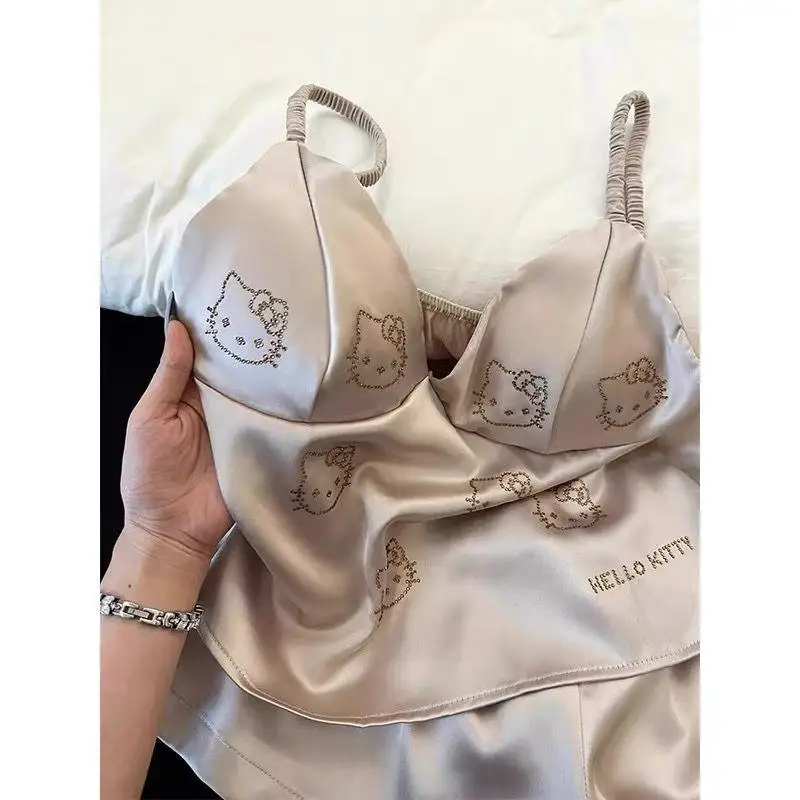 2 قطعة جديد مرحبا كيتي Kawaii ملابس المنزل حبال منامة مجموعة السراويل النسائية الحلو الصيف الحرير التبريد وسادة الصدر سترة الماس الساخن