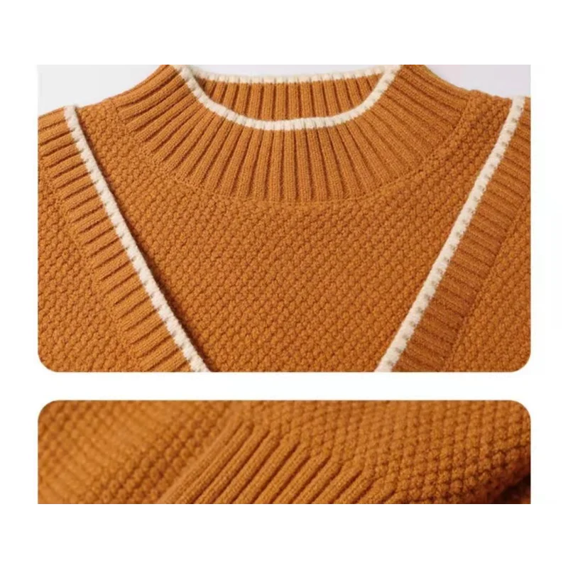 Women\'s Clothing Half High Collar Screw Thread Solid Color Pullover Long Sleeve Sweater Knitted Elegant Contrast Color Tops
