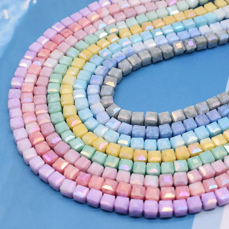 6mm 65pcs New Color Water Stained Ice Cracks Faceted Crystal Glass Beads Cube Charm Square Glass Beads For Jewelry Making DIY