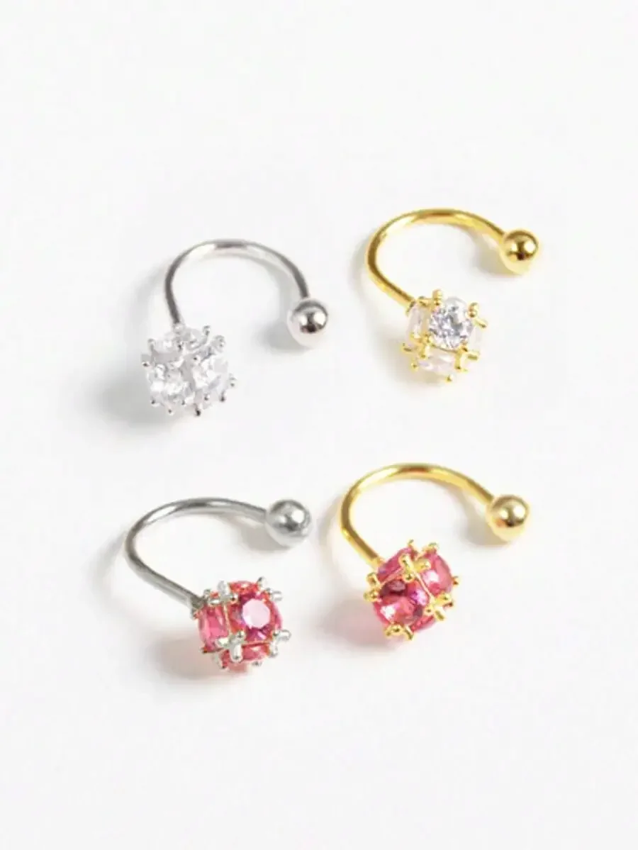 C-Shape Belly Button Ring With Rhinestone Ball Curved Hook Fashion Navel Piercing For Women