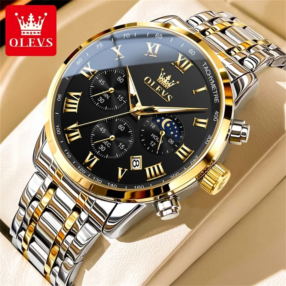 OLEVS Luxury Men Quartz Wristwatch Chronograph Moon Phase Watch Roman Number Dial Stainless Steel Waterproof Business Watch