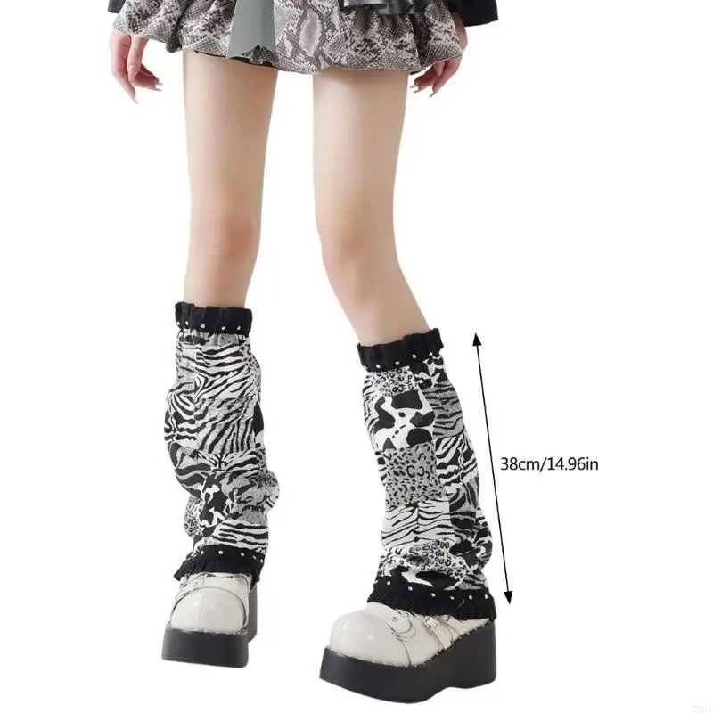 

77HE Women Leopard Print Patchwork Denims Flared Boot Covers Subcultures Punk Ruffled Trim Leg Warmer Footless Calf Socks