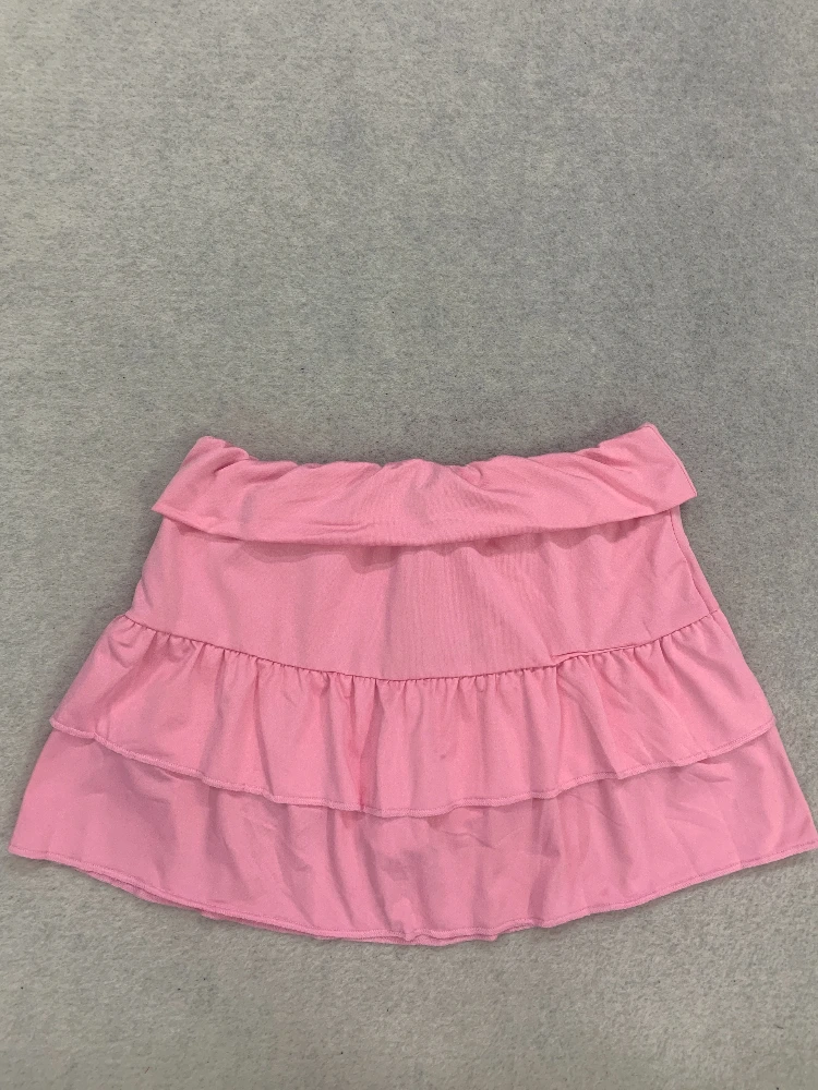Ladies' Y2K Pink Ruffle Edge Layered Short Skirt, Folded Waist with Embroidered Sweet and Cute A-Line Short Skirt, Street Style
