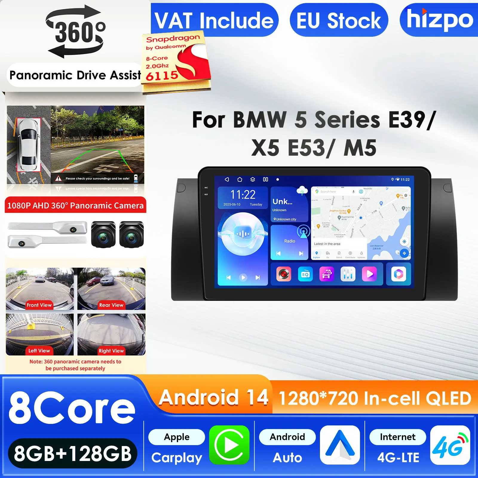 Hizpo 2 Din Android 14 Auto-Multimedia-Player Für BMW 5 E39 E53 X5 1995-2006 GPS Carplay WIFI 4G AI Intelligente Bildschirm 360 Cam
