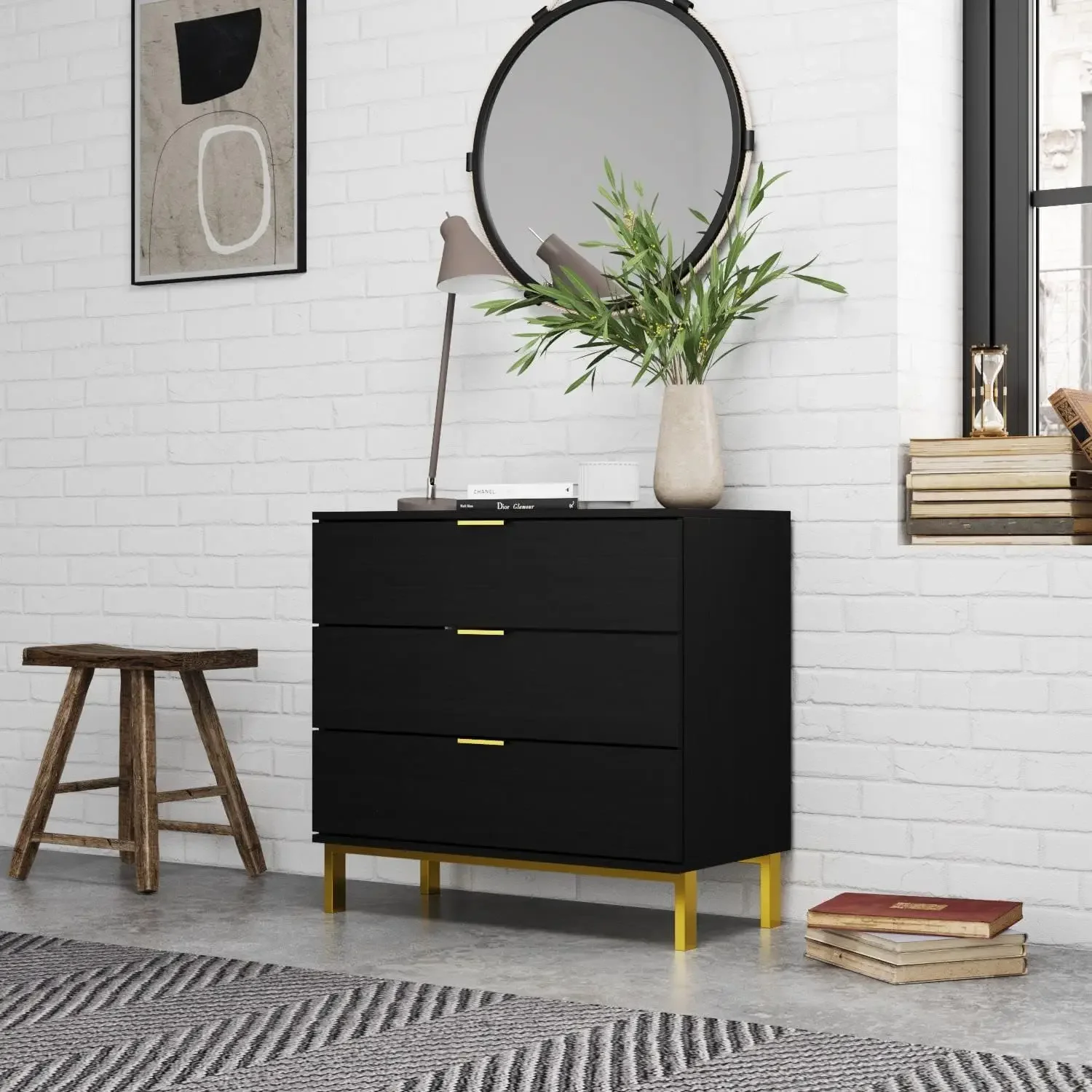 Large Nightstands Set of 2 Bedside Table Dresser End Table with Gold Metal Legs for Bedroom Black and Gold