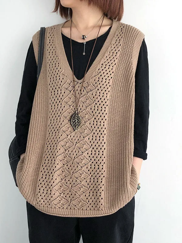 Knitted Loose Hollow out Thin Sleeveless Vest Women's Backless Vintage V-Neck Trendy Outerwear for Spring Autumn