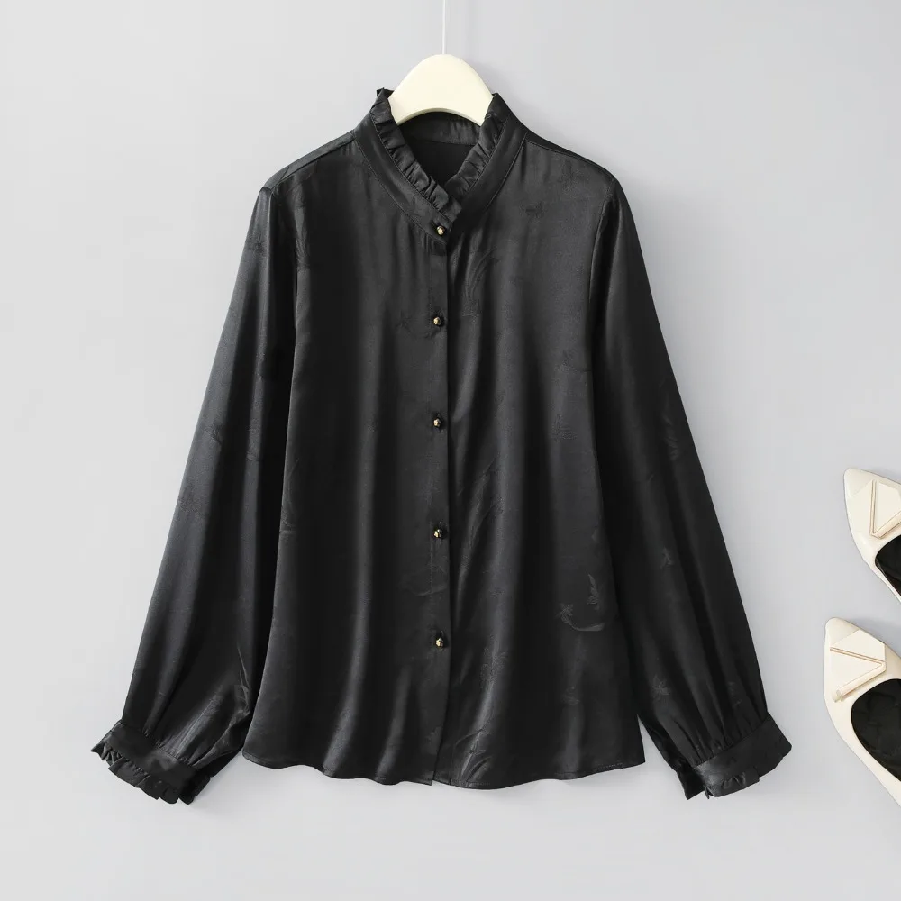 30MM Heavy Satin 100% Natural Mulberry Silk Jacquard Satin French Fungus Edge Temperament Women's Stand Up Collar Shirt
