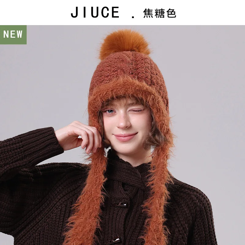 قبعة شتوية محبوكة أنيقة ودافئة مع بطانة من الصوف ولوحات للأذن، قبعة صوف عصرية فريدة من نوعها للطقس البارد #5