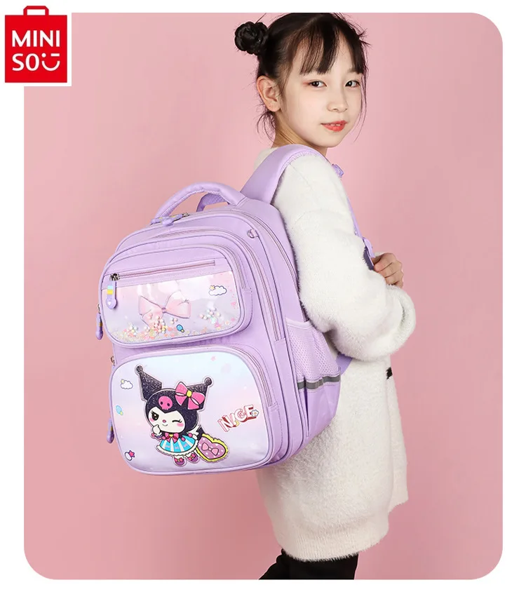 Mochila de dibujos animados MINISO Sanrio Kuromi para niños, gran capacidad, protección de la columna vertebral reductora de carga, Simple, dulce, lindo