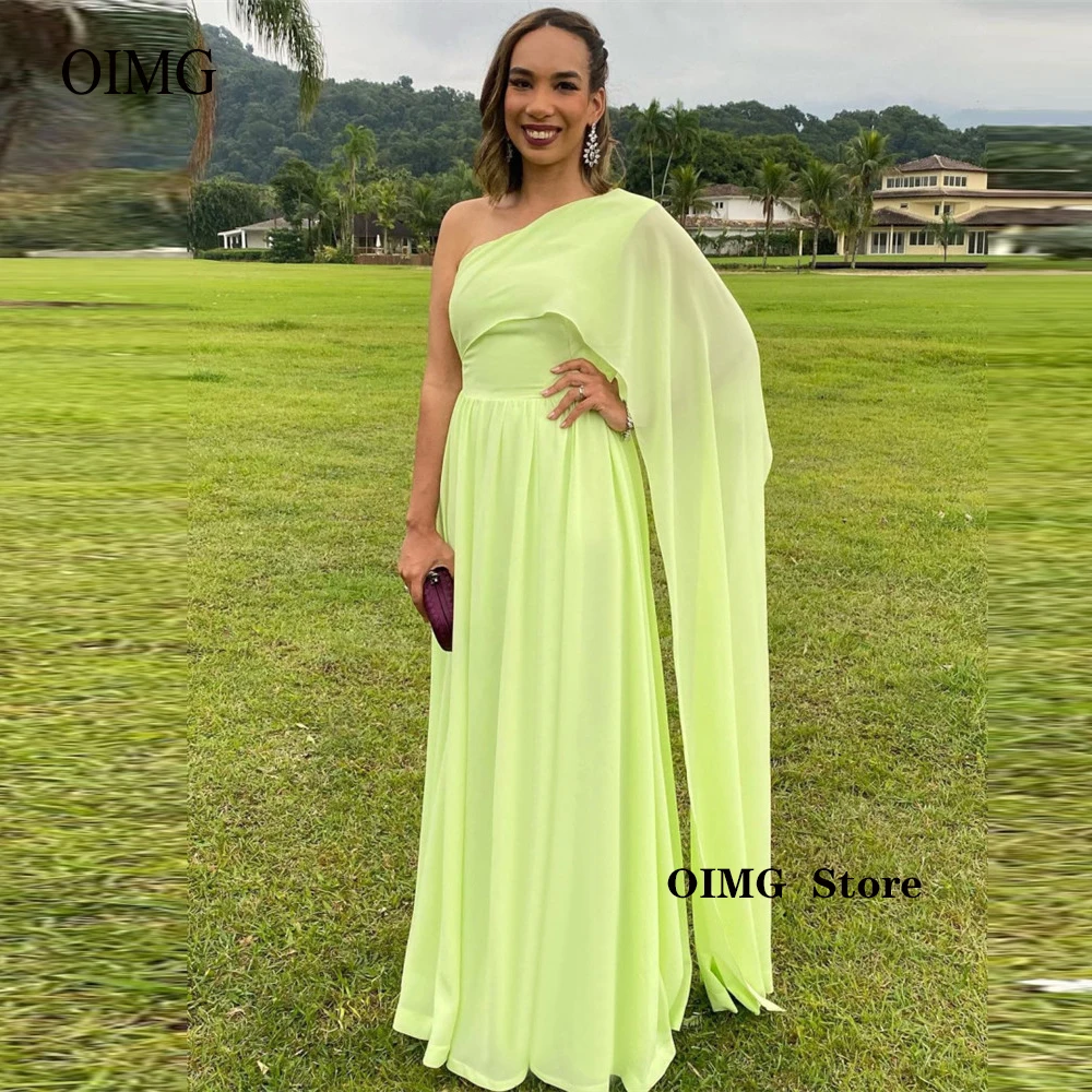 

Fluorescent Green Chiffon Long Prom Dresses Beach One Shoulder Cape Sleeve Arabic Women Formal Party Simple Evening Gowns