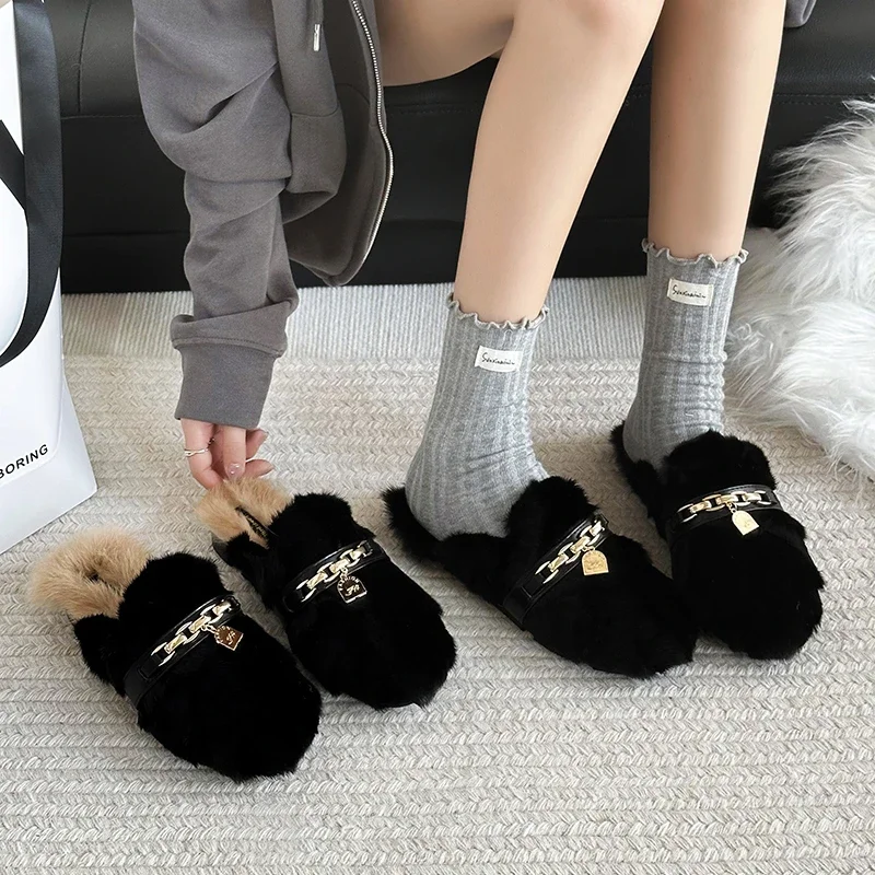 Women's Shoes on Sale 2024 Fashion Closed Toe Women Slippers Autumn Warm Chain Solid Flat Casual Comfortable Large Size Slippers