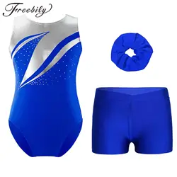 Children's Rhythmic Gymnastics Jumpsuits Girls Ballet Dance Outfit Kids Sleeveless Metallic Leotard + Shorts Acrobatics Bodysuit