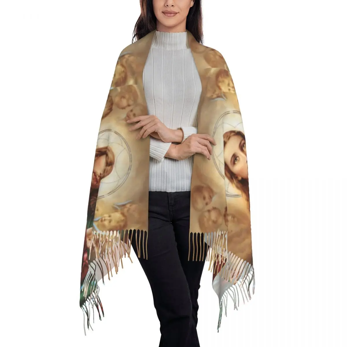 Custom Sacred Heart Of Jesus Christ Art Christian Gift Scarf Wrap for Women Long Winter Warm Tassel Shawl Unisex Scarves