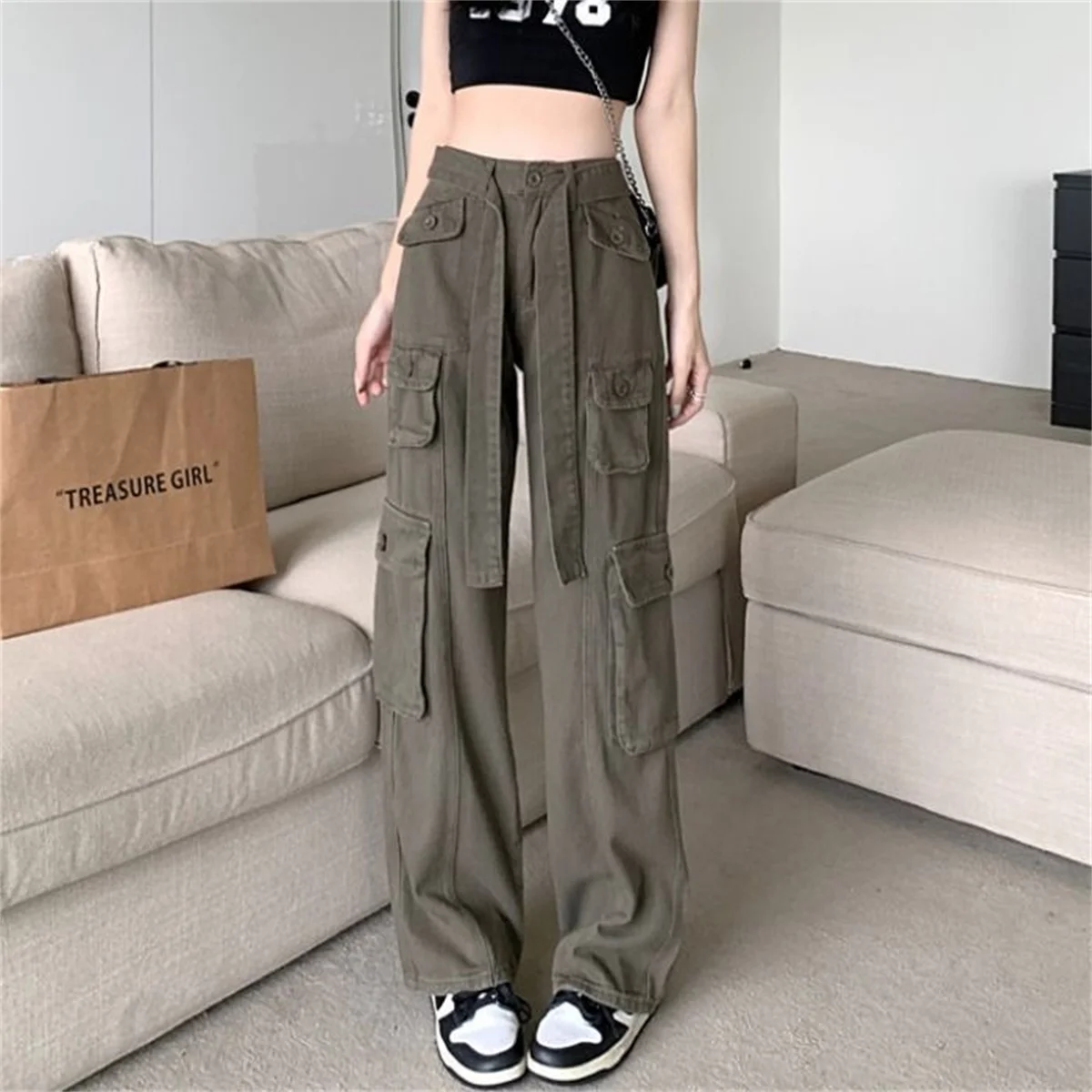 

Fashion Cargo Pants Women Casual Joggers High Waist Female Hip Hop Trousers Korean Punk Pants Pocket Capri Streetwear Femme