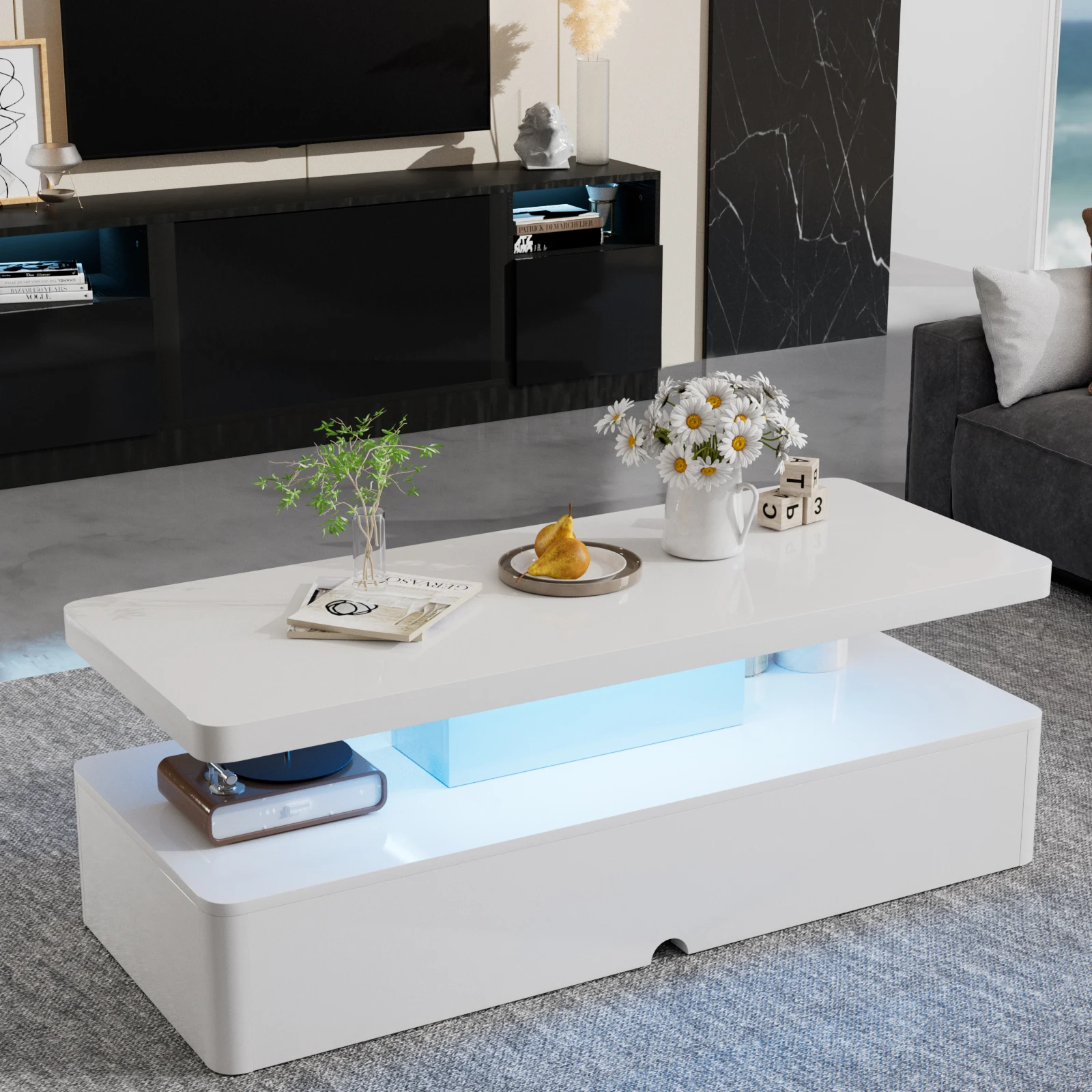 Modern Stylish Coffee Table with 16 Colors LED Lights, Double-Layer Design for Living Room, White