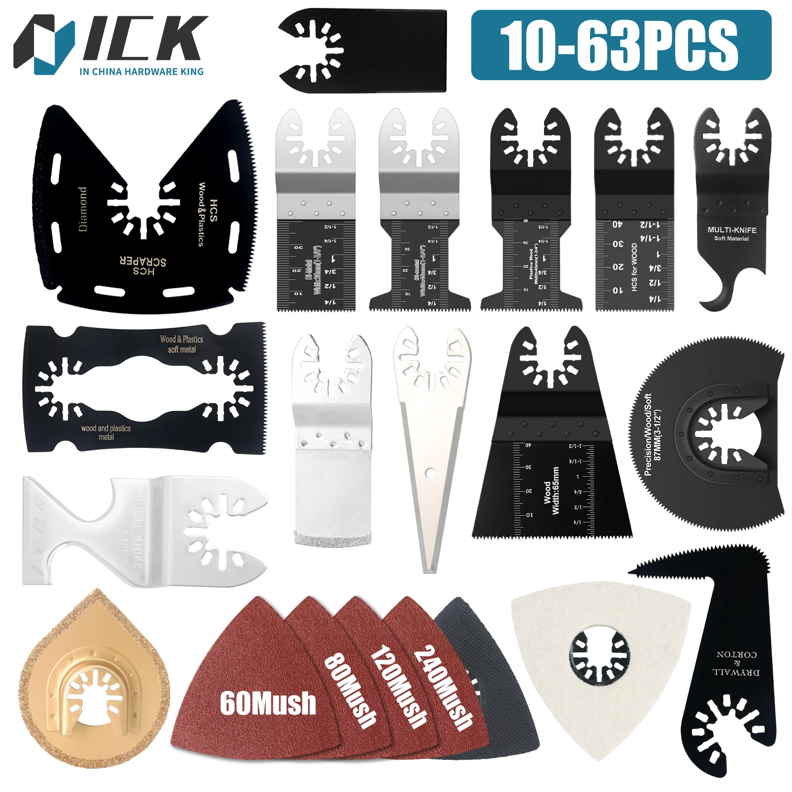 

Oscillating Tool Blade Set 10-63PCS Multi Tool Blades Kit for Cutting Wood Metal Plastic Sanding & Scraping Accessories