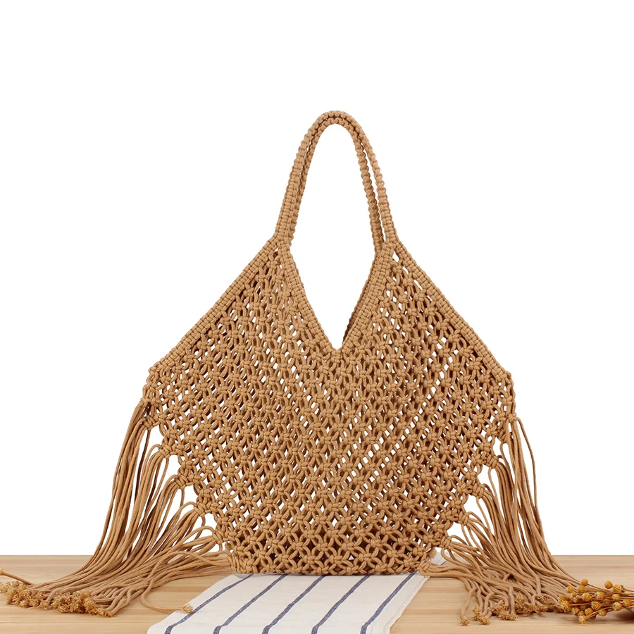 

Summer Tassels Grid Woven Bag for Women Irregular Handbags Knitted Beach Shoulder Bag Large Tote Hollow Out Daily Shopper Bag