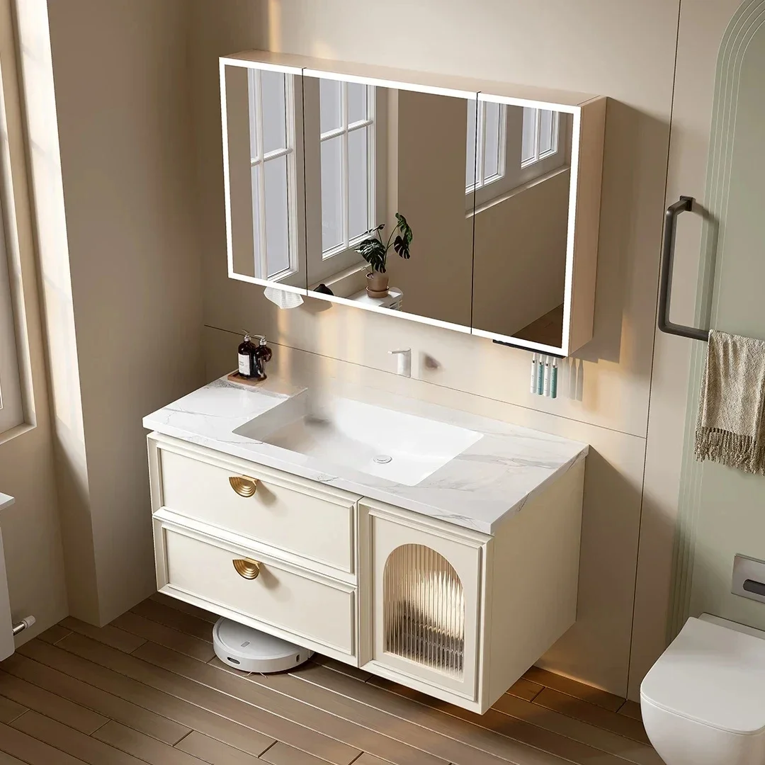 JJShidisha's new cream wind bathroom cabinet combination rock slab ceramic seamless basin washbasin bathroom cabinet washstand