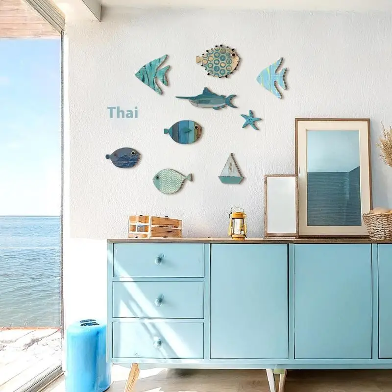 【F】10Pcs Fish Wall Decor Wooden Fish Hanging Beach Theme Bathroom Art Nautical Coastal Ocean Home Decoration
