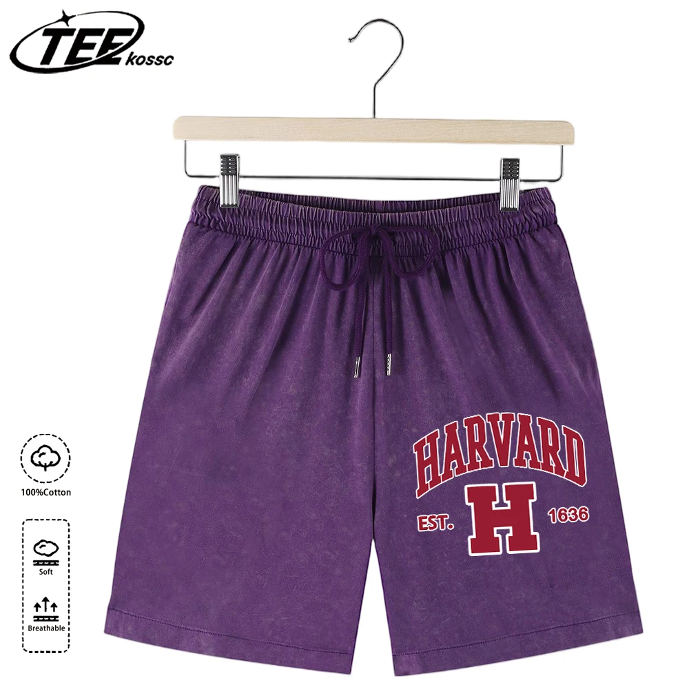 

Harvard Est. 1636 Pattern Summer Beach Washed Bottom Mens Oversized Cotton Shorts Retro Office Sportpants All-Match Unisex Pants