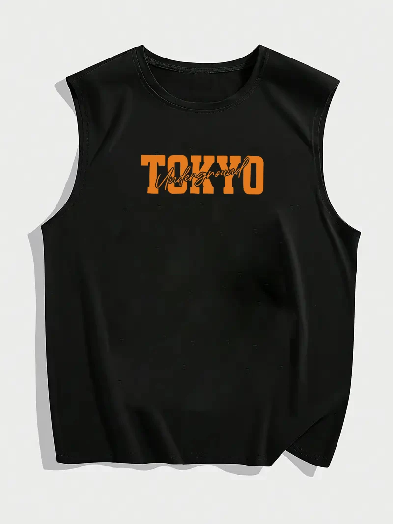 Men's Summer Leisure Sports Fitness Loose Fashion Racing Pattern Printed Comfortable Breathable Round Neck Sleeveless Tank Top