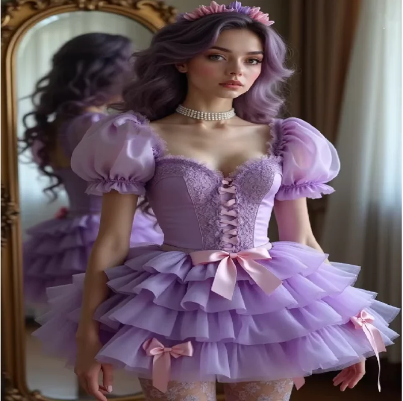 Sexy Lilac Cosplay Prom Dress With Bow Short Sleeve Mini Cocktail Dress Costume Maid Evening Dress Lace Homecoming Customized