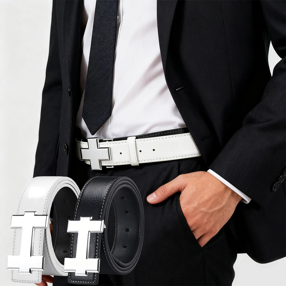 حزام كاجوال أنيق 3.3 سم مع إبزيم فضي ناعم، حزام رجالي مصمم عالي الجودة، مناسب للجنسين، مثالي لملابس العمل الجينز