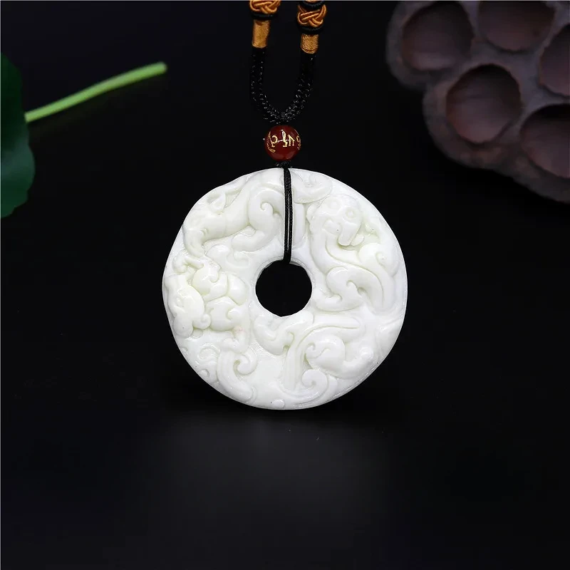 

Natural White Green Chinese Jade Dragon Pendant Tiger Necklace Charm Jewelry Double-sided Hollow Carved Pixiu Amulet Gifts