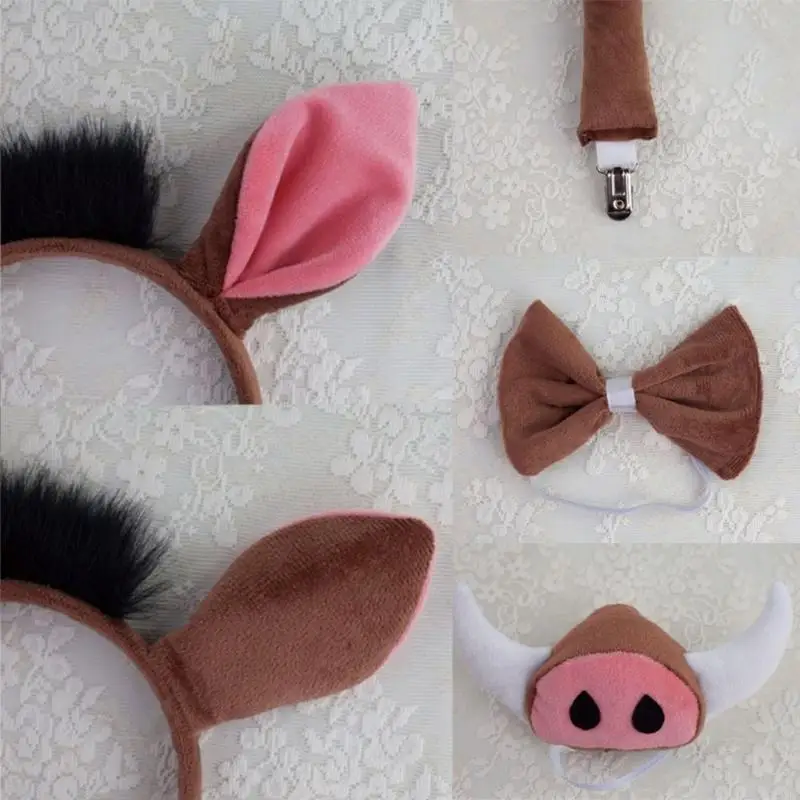 P8DB Pig Costume Set Ears Headbands Tail Bowtie Nut Tutus Glove Animal Cosplays Props