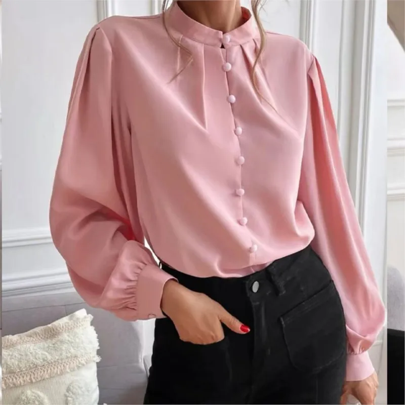 

New Autumn Elegant Solid Button Down Shirts Fashion V Neck Shirts For Women Long Sleeve Office Lady Casual Commute Blouses Tops