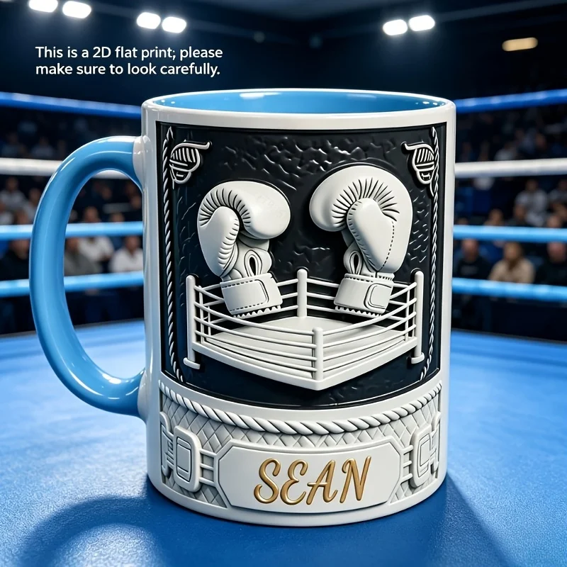 Custom Name Boxing Mug 11oz 2D Flat Print Boxing Glove Ring Design Ceramic Cup for Boxer Coach Athlete Birthday Christmas Father