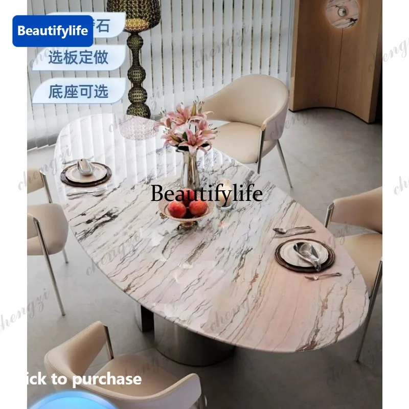 Natural smoke powder luxury stone dining table light luxury high-end restaurant marble custom oval