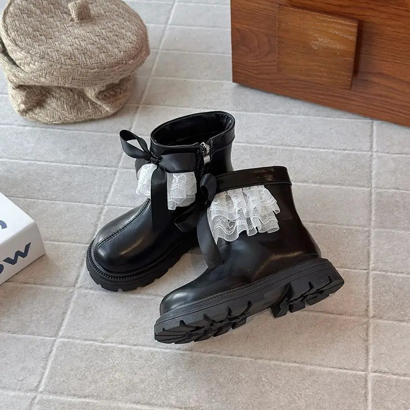 الفتيات فروي الدانتيل الجلود حذاء من الجلد لخريف شتاء 2025 الأميرة نمط أحذية بوت قصيرة العصرية الاطفال أحذية الشتاء #4