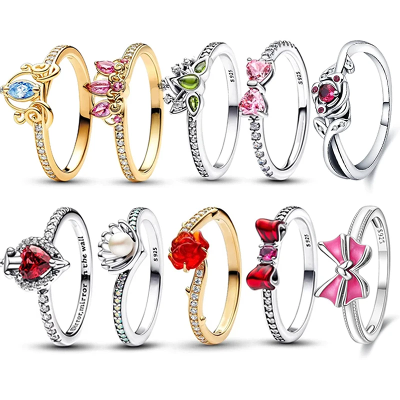 925 Sterling Silver Fairy Tale Ring Set Gold Plated Red Rose