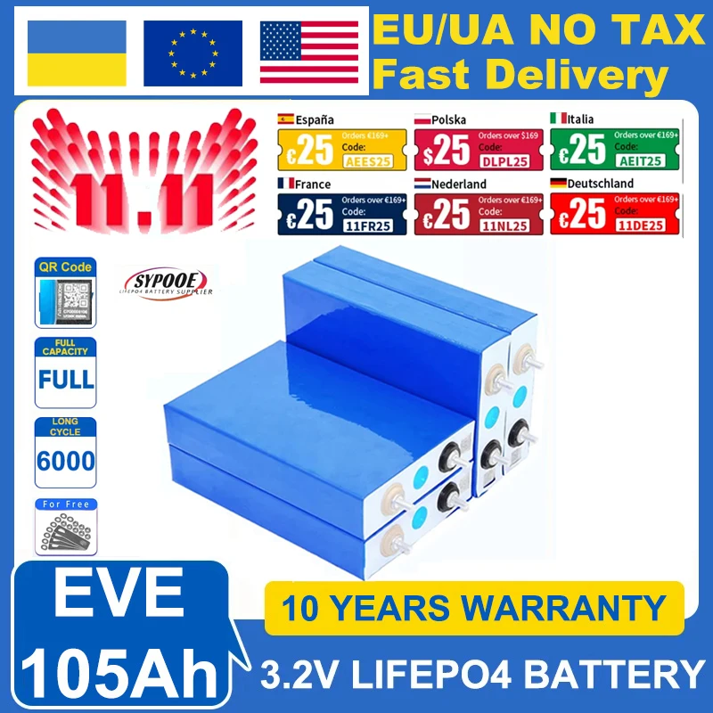 EVE LiFePO4 Battery Cell 3.2V 105AH 314AH 280AH QR Code 4000+ Cycle Brand New 12V 24V Lithium Iron Phosphate Battery with Stud