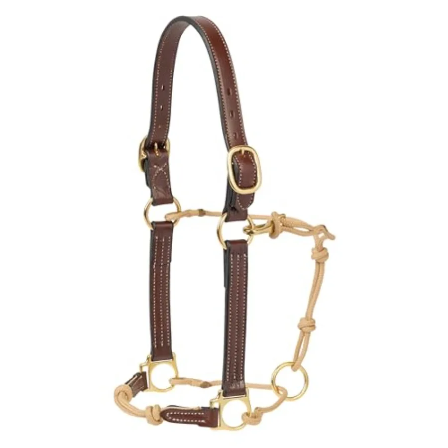 Horseman's Halter for outdoor equestrian use genuine leather and natural rope construction classic brown color durable handcraf