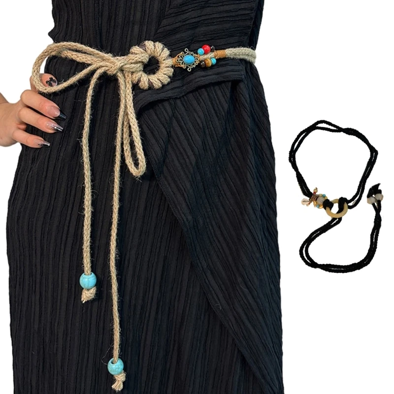 Ladies Bohemian Style Belt Beaded Waist Belt for Summer Seaside Dress Braid Belt