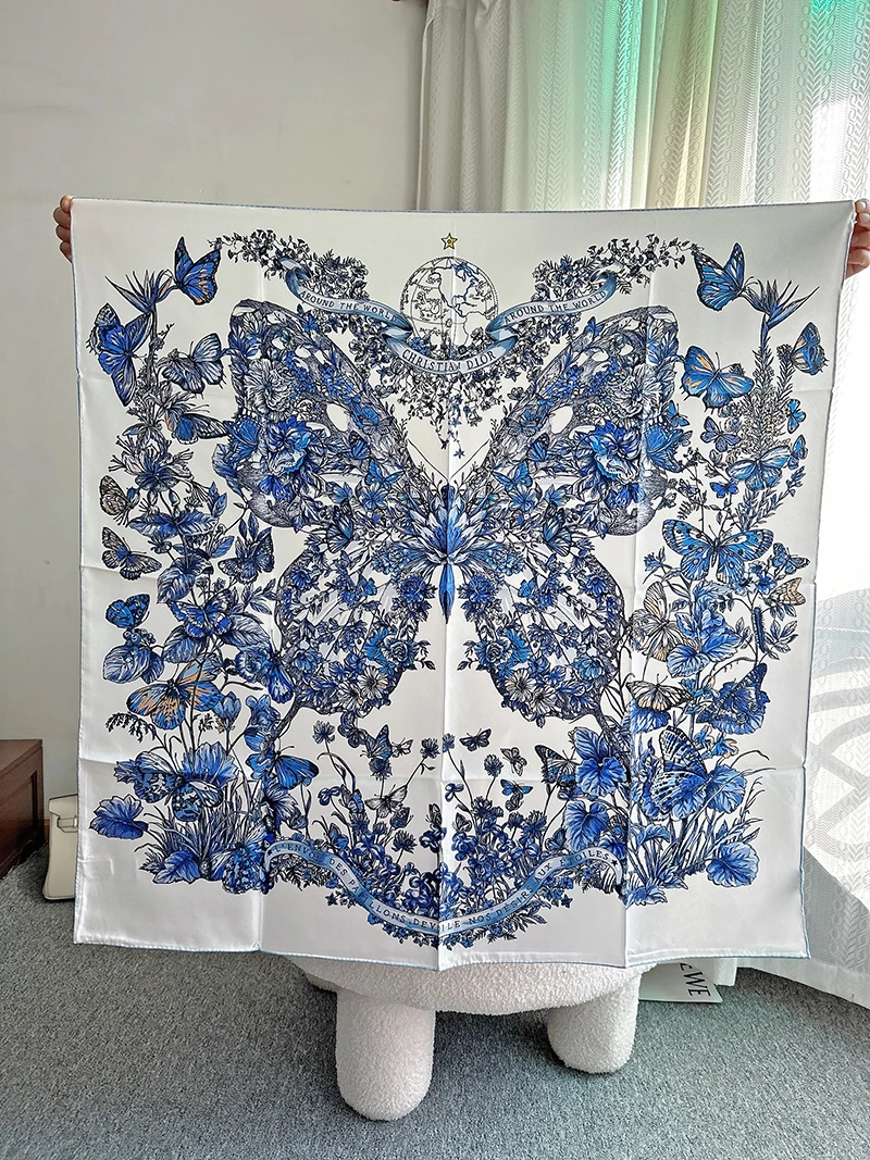 

Butter Fly Around The World Blue 90x90cm Brand Mulberry Silk Scarf Handkerchief silk Hair Scarf Women Luxury Brand Hijab Scarf