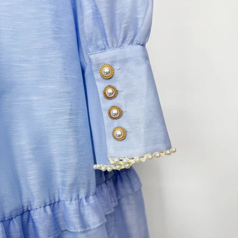 ชุดเดรสยาวสไตล์ฝรั่งเศส คอปกประดับลูกปัดหรูหรา ดีไซน์สวยงามแบบนางฟ้า ผ้ากำมะหยี่ เอวกลาง