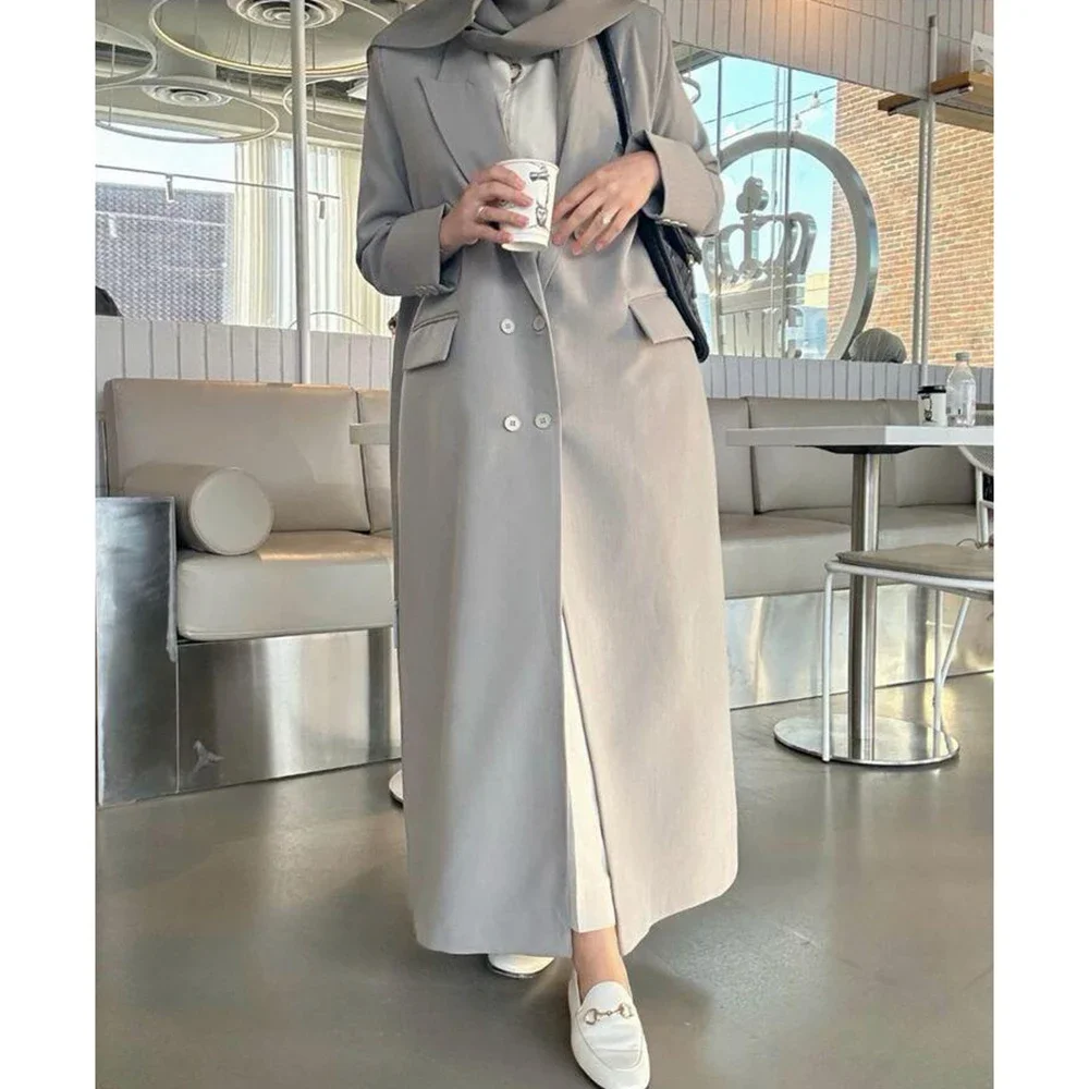 Saudi Arabian RobeFashion Light Grey Women Long Jacket Elegant Slim Double Breasted Female Daily Coat Formal Ankle Length Dress