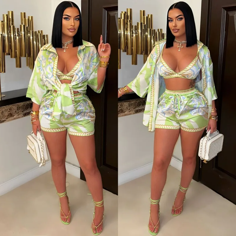 

3 Pieces Paisley Streetwear Shorts Sets Quarter Sleeve Blouses Crop Tops Elastic Waist Silm Shorts Beach Outfits Women Clothing