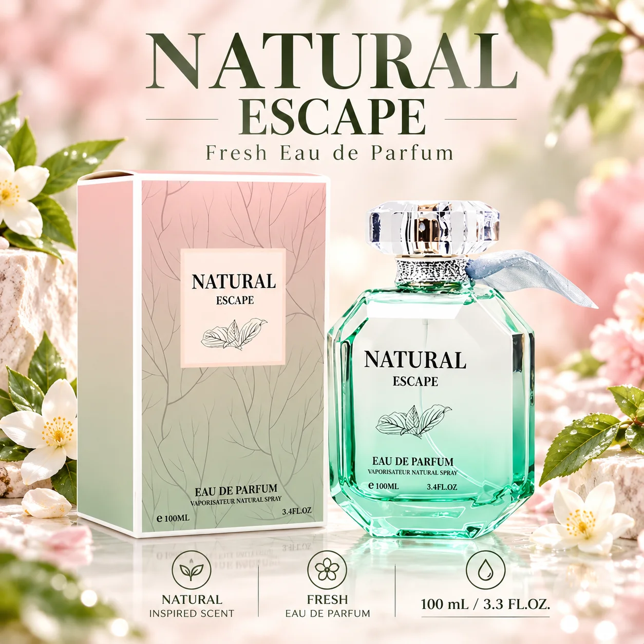 100ml クリスタルガラス製 女性用香水、自然なフレッシュなグリーンの香り、ギフトに最適な持続性の高いオーデパルファム 1
