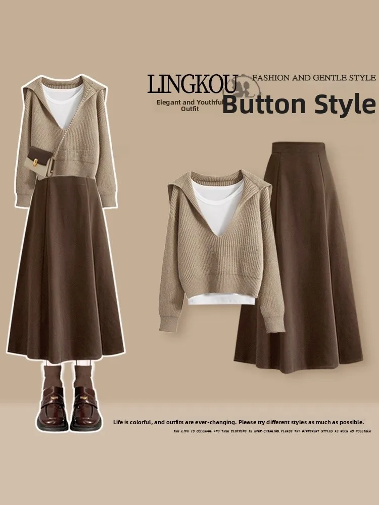 

Soft Gentle Women's Autumn Set High Waist Cover up Sweater Base Tank Top And Skirt Three Piece Ensemble Fashionable Casual