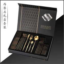 24Pcs Black Handle Golden Cutlery Set Stainless Steel Knife Fork Spoon Tableware Flatware Set Festival Kitchen Dinnerware Gift