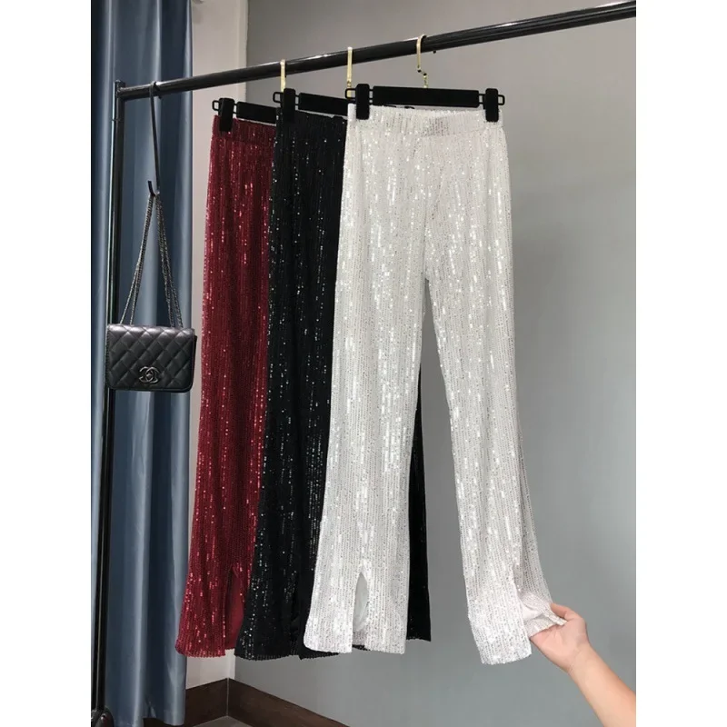 New Fashion Sequined Women Slim Fit Slimming Micro Flared Pants Elegant Drape High Waist Lady Floor Length Pants