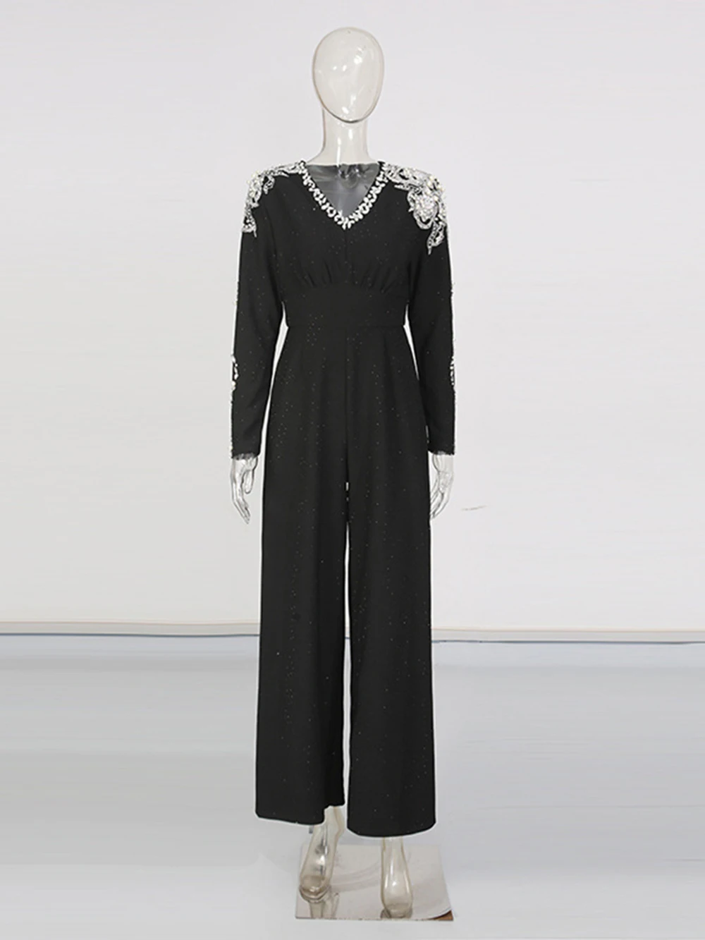 Modphy Tuta elegante a maniche lunghe slim fit 2025 Nuova tuta lunga tinta unita a vita alta con perline di diamanti per l'industria pesante