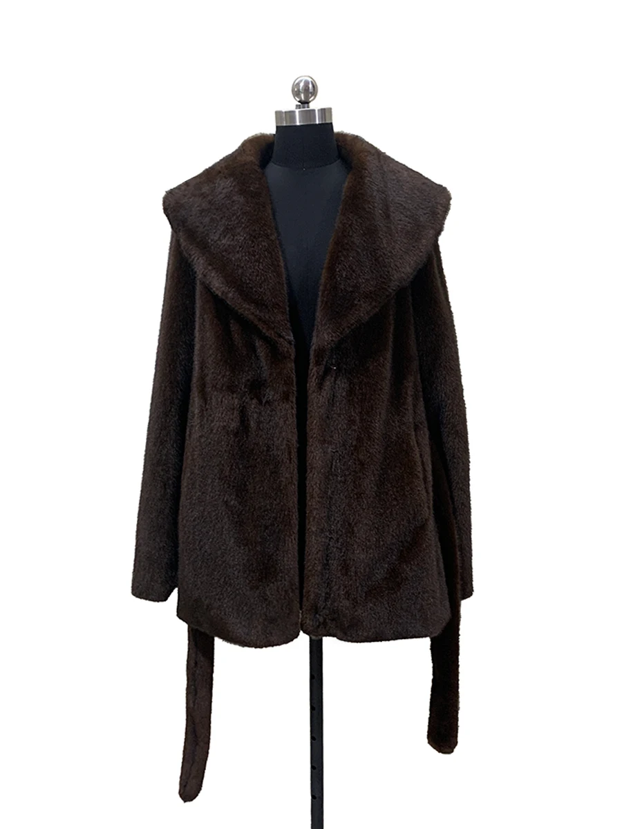 Nerazzurri Winter Thick Warm Brown Soft Faux Mink Fur Coat Women Shawl Collar Sashes Elegant Luxury Chic Fluffy Jacket 2026
